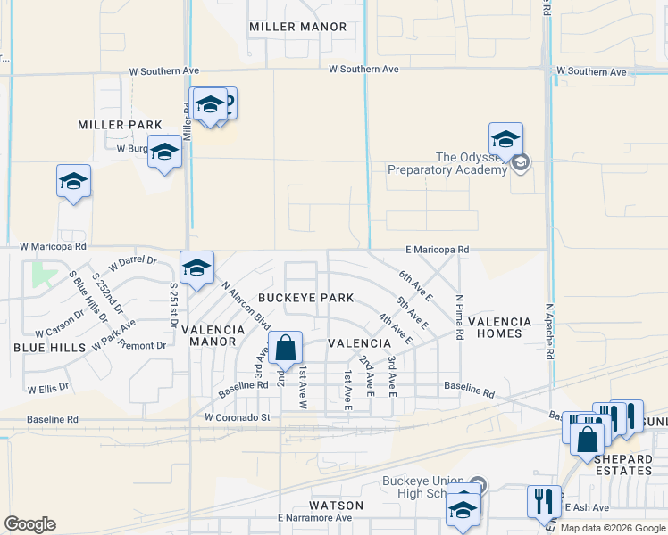 map of restaurants, bars, coffee shops, grocery stores, and more near 102 5th Avenue East in Buckeye