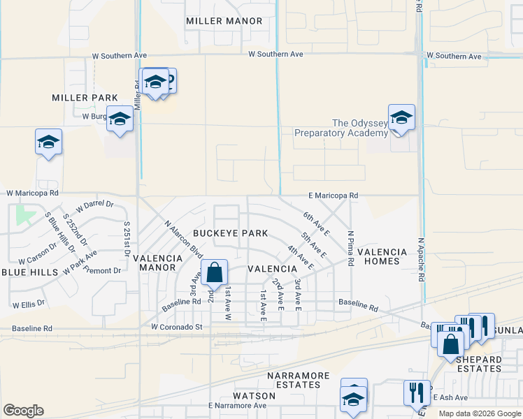map of restaurants, bars, coffee shops, grocery stores, and more near 102 5th Avenue East in Buckeye