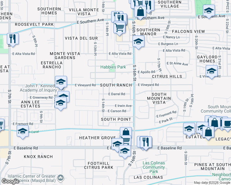 map of restaurants, bars, coffee shops, grocery stores, and more near 1422 East Darrel Road in Phoenix