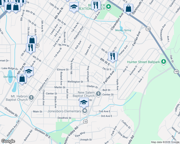 map of restaurants, bars, coffee shops, grocery stores, and more near 520 Jefferson Avenue in Bessemer