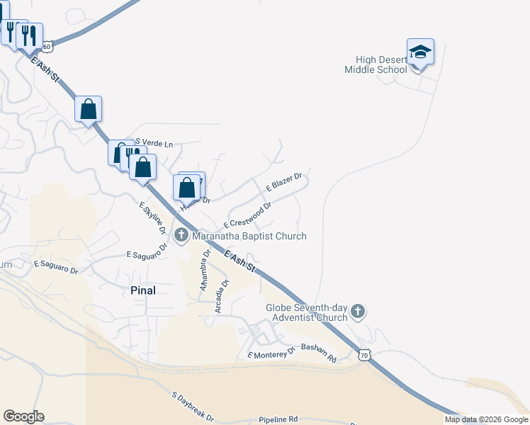 map of restaurants, bars, coffee shops, grocery stores, and more near 1209 East Crestwood Drive in Globe