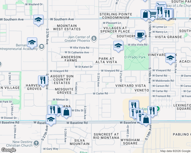 map of restaurants, bars, coffee shops, grocery stores, and more near 2307 West Darrel Road in Phoenix