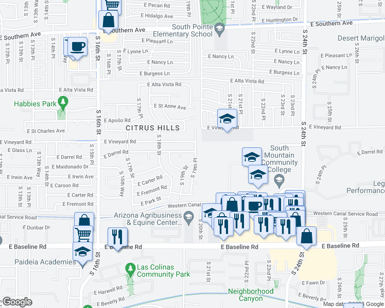 map of restaurants, bars, coffee shops, grocery stores, and more near 1925 East Darrel Road in Phoenix