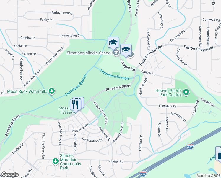 map of restaurants, bars, coffee shops, grocery stores, and more near 1595 Patton Chapel Road in Birmingham