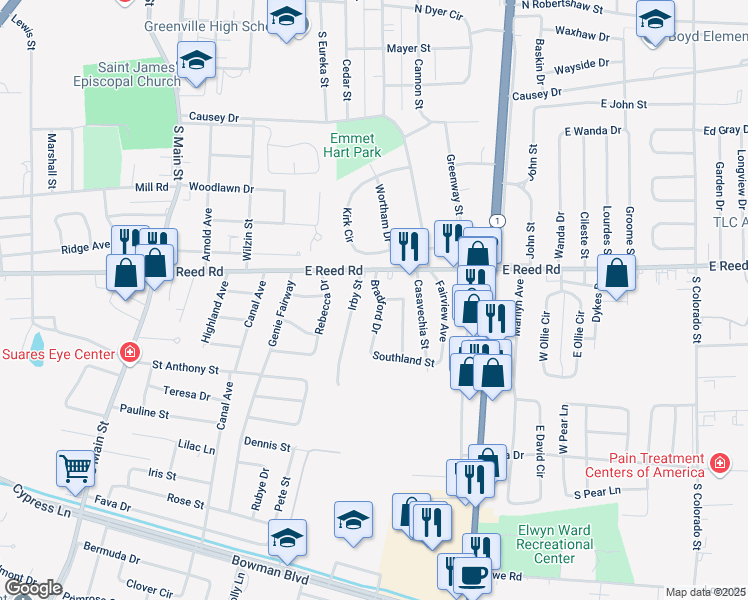 map of restaurants, bars, coffee shops, grocery stores, and more near 1435 Bradford Drive in Greenville