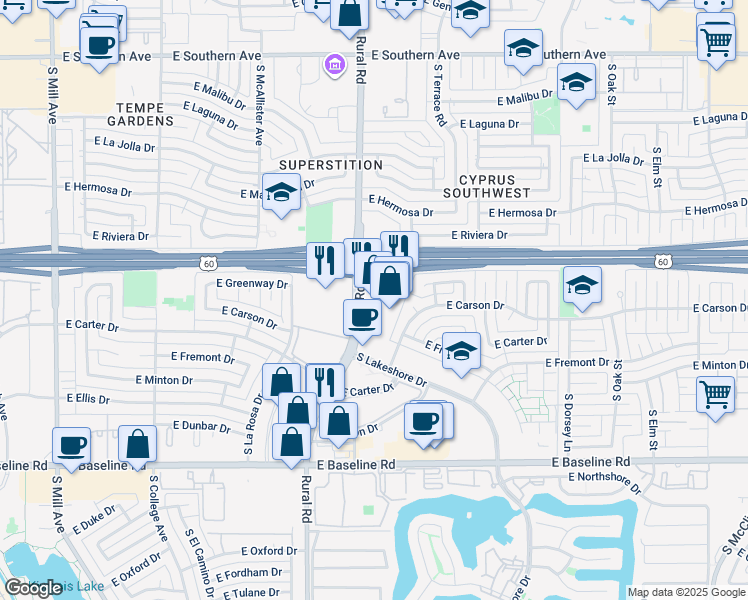 map of restaurants, bars, coffee shops, grocery stores, and more near 4451 South Rural Road in Tempe