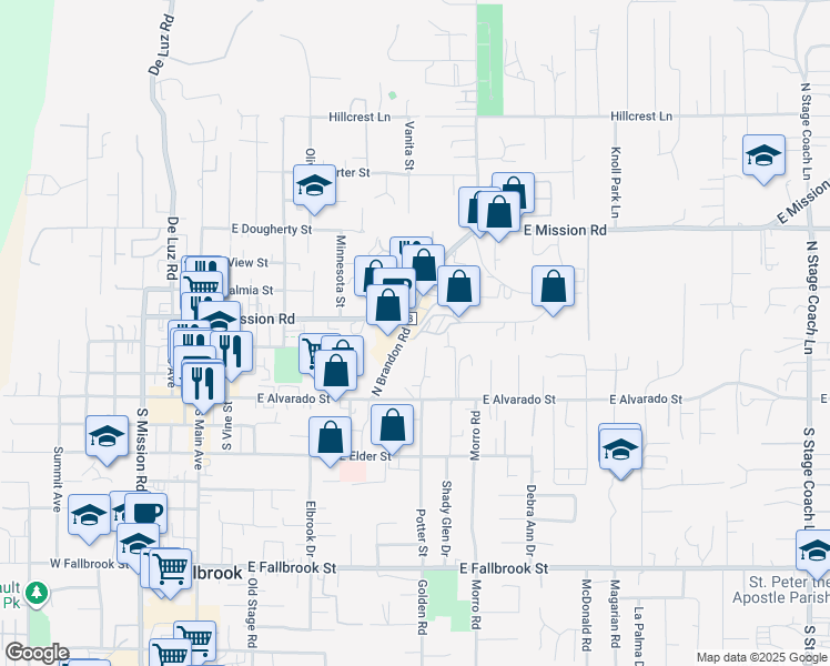 map of restaurants, bars, coffee shops, grocery stores, and more near 325 North Brandon Road in Fallbrook
