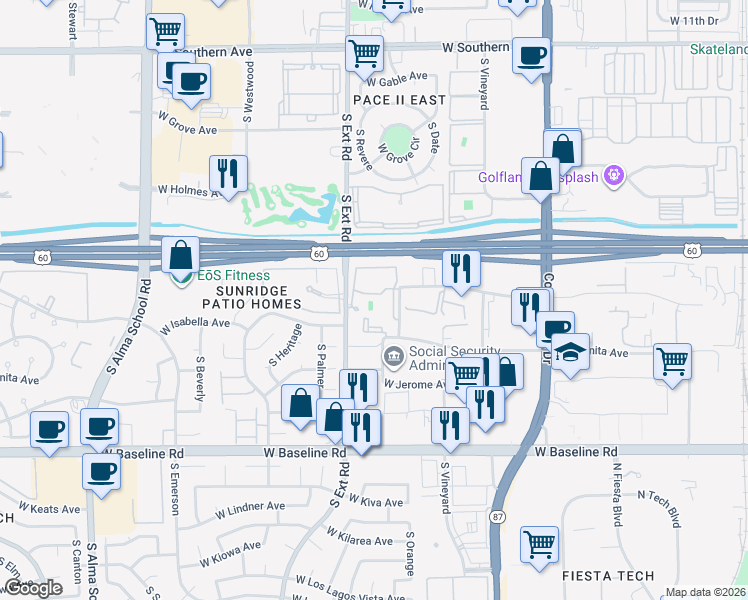 map of restaurants, bars, coffee shops, grocery stores, and more near Tierra Del Sol Apartments in Mesa