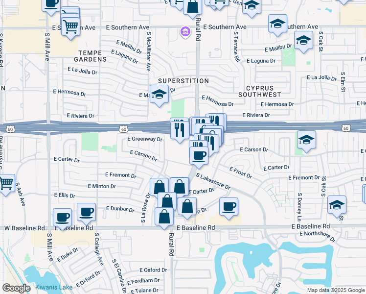 map of restaurants, bars, coffee shops, grocery stores, and more near 4556-4562 South Rural Road in Tempe