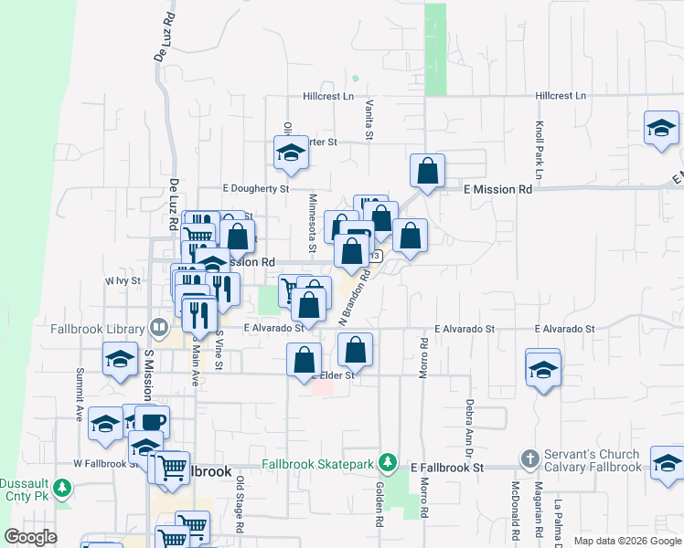 map of restaurants, bars, coffee shops, grocery stores, and more near 733 E Mission Rd in Fallbrook