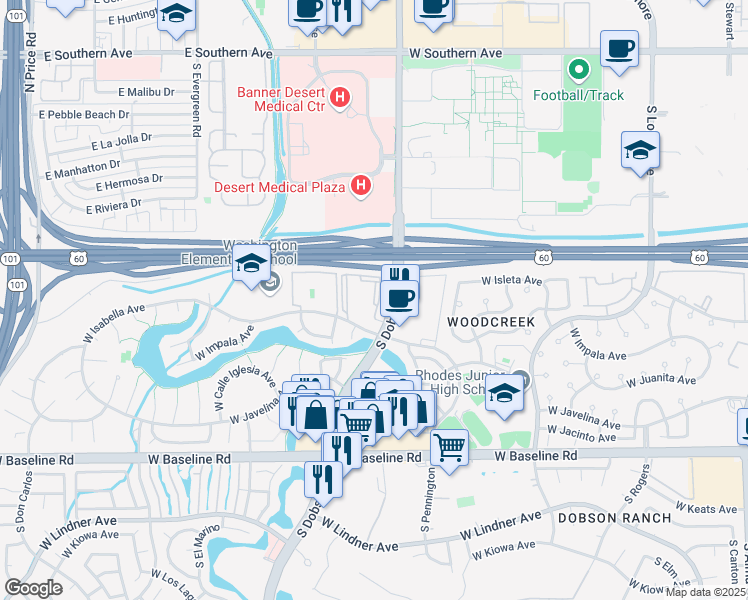 map of restaurants, bars, coffee shops, grocery stores, and more near 1844 South Dobson Road in Mesa