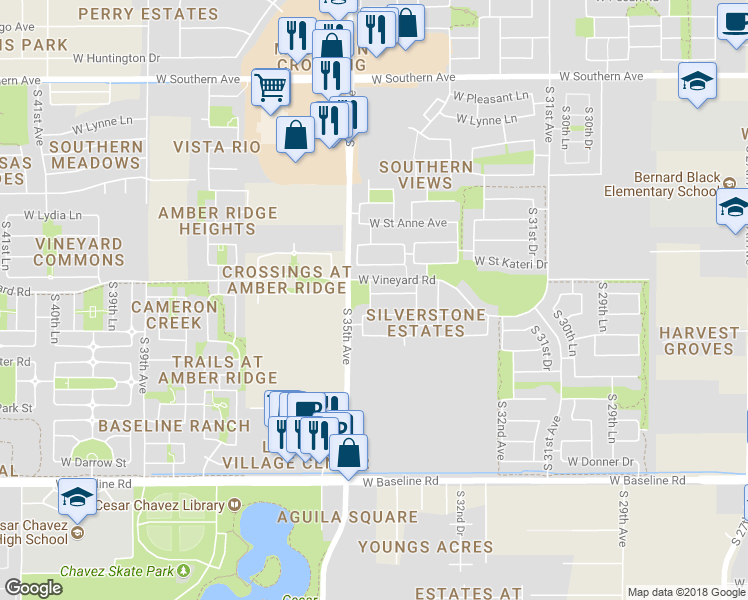 map of restaurants, bars, coffee shops, grocery stores, and more near 3421 West Glass Lane in Phoenix