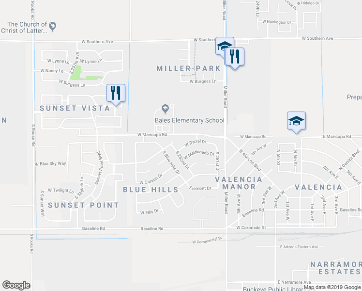 map of restaurants, bars, coffee shops, grocery stores, and more near 25266 West Darrel Drive in Buckeye