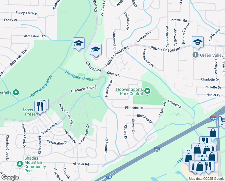 map of restaurants, bars, coffee shops, grocery stores, and more near 3401 Huntcliff Circle in Birmingham
