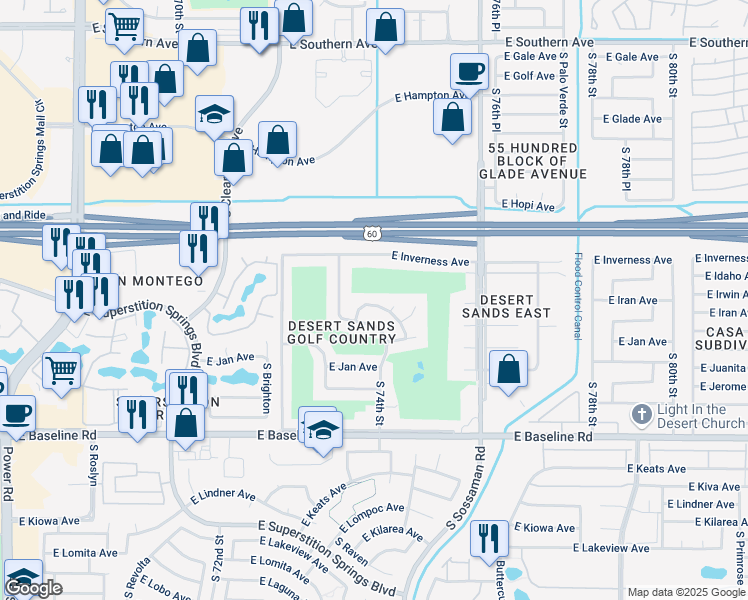 map of restaurants, bars, coffee shops, grocery stores, and more near 7430 East Irwin Avenue in Mesa