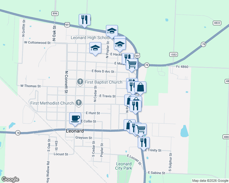 map of restaurants, bars, coffee shops, grocery stores, and more near 405 Willard-Hall Street in Leonard