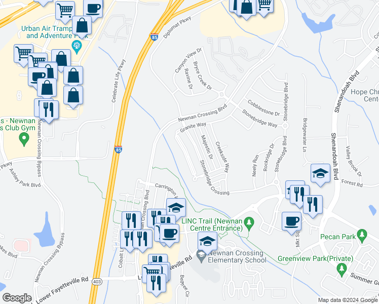 map of restaurants, bars, coffee shops, grocery stores, and more near 144 Granite Way in Newnan