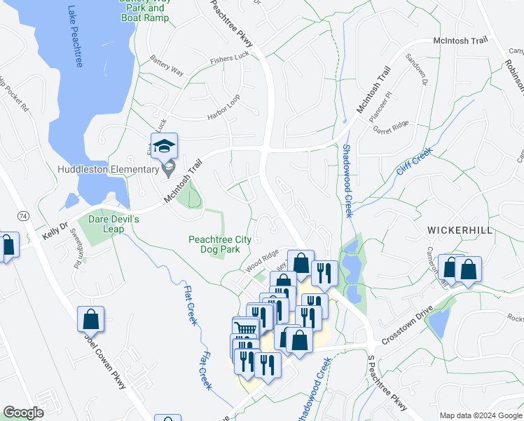 map of restaurants, bars, coffee shops, grocery stores, and more near 110 Braelinn Courts in Peachtree City