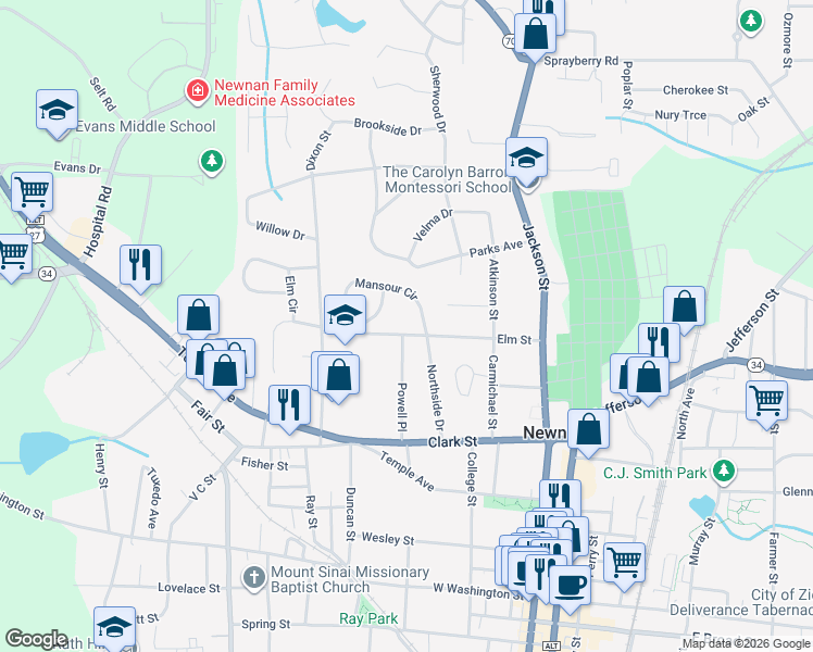 map of restaurants, bars, coffee shops, grocery stores, and more near 37 Elm Street in Newnan