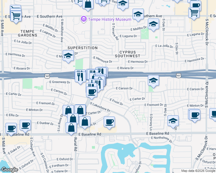 map of restaurants, bars, coffee shops, grocery stores, and more near 1034 East Carson Drive in Tempe