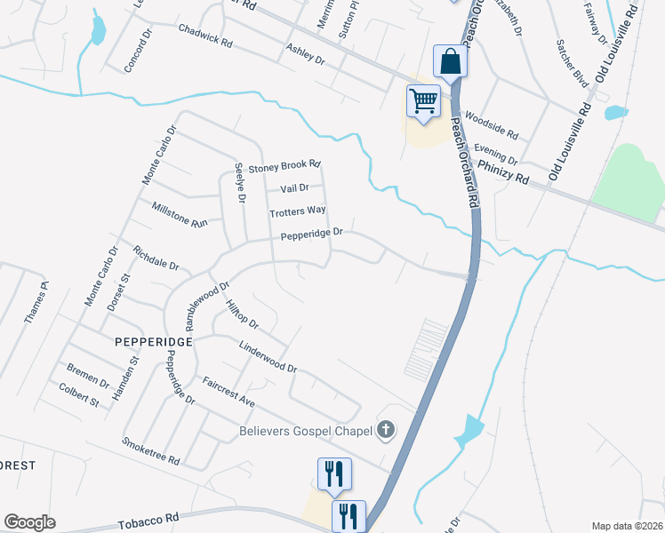 map of restaurants, bars, coffee shops, grocery stores, and more near 2154 Ramblewood Drive in Augusta