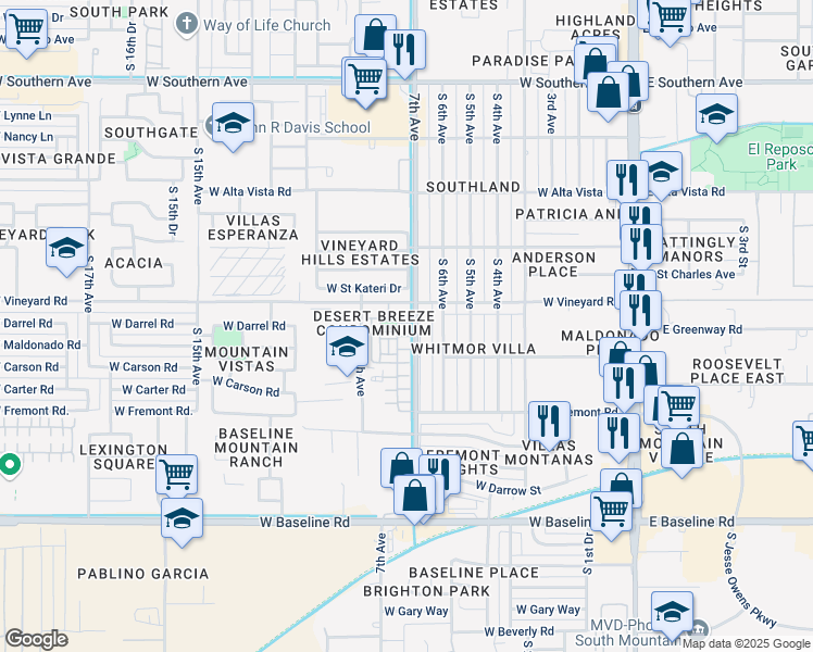 map of restaurants, bars, coffee shops, grocery stores, and more near 6829 South 7th Lane in Phoenix