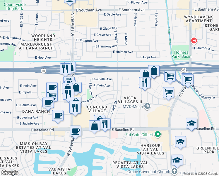 map of restaurants, bars, coffee shops, grocery stores, and more near 3831 East Irwin Avenue in Mesa