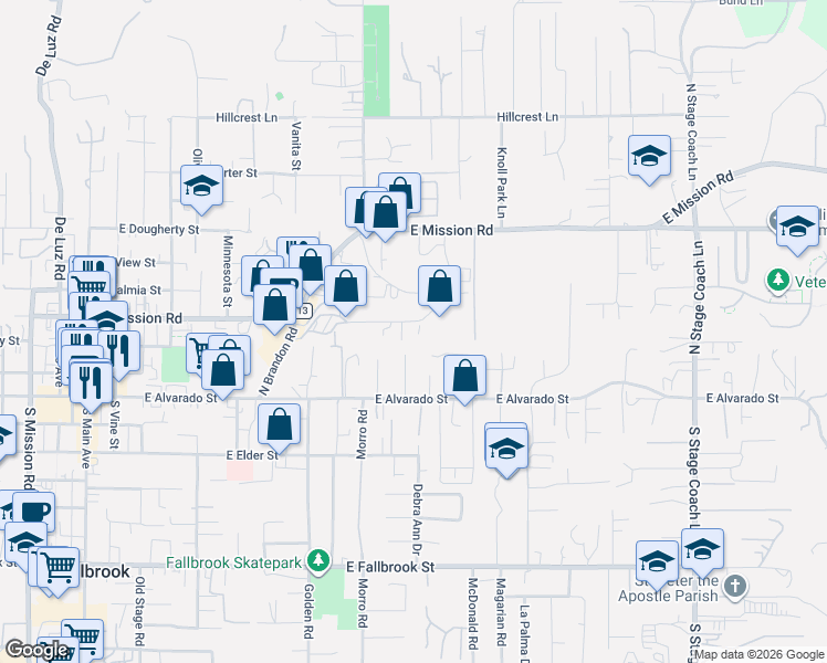 map of restaurants, bars, coffee shops, grocery stores, and more near 405 Industrial Way in Fallbrook