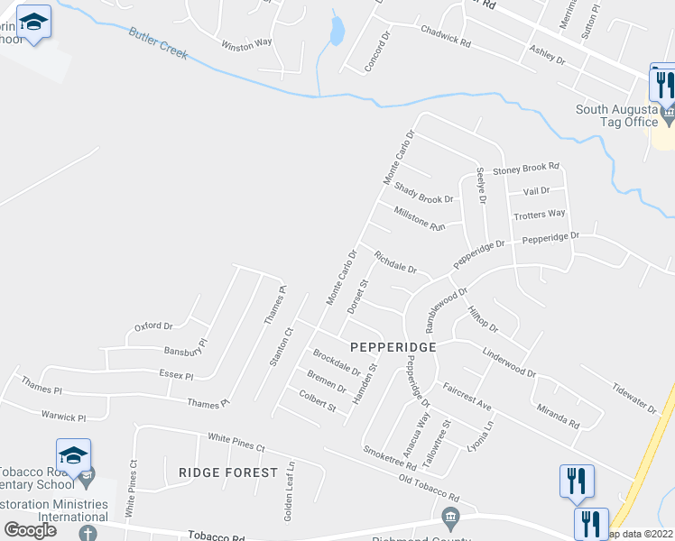 map of restaurants, bars, coffee shops, grocery stores, and more near 3430 Monte Carlo Drive in Augusta