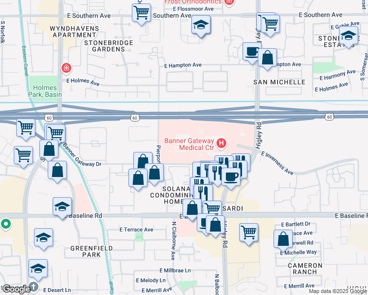 map of restaurants, bars, coffee shops, grocery stores, and more near 2940 East Banner Gateway Drive in Gilbert