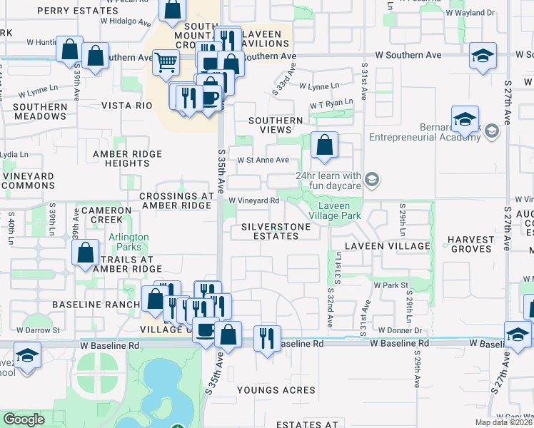 map of restaurants, bars, coffee shops, grocery stores, and more near 3321 West Glass Lane in Phoenix