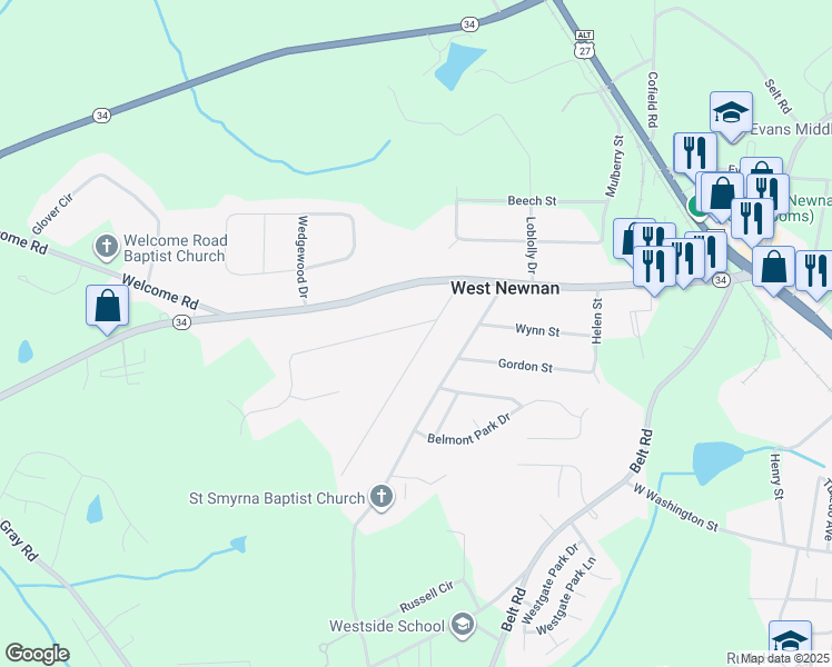 map of restaurants, bars, coffee shops, grocery stores, and more near 4 Thomas Way in Newnan