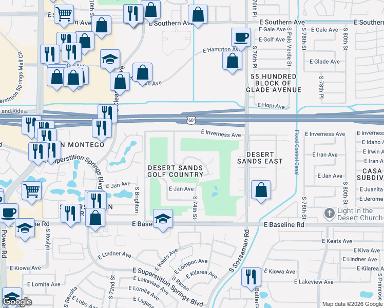 map of restaurants, bars, coffee shops, grocery stores, and more near 7430 East Irwin Avenue in Mesa