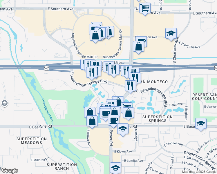 map of restaurants, bars, coffee shops, grocery stores, and more near 6745 East Superstition Springs Boulevard in Mesa