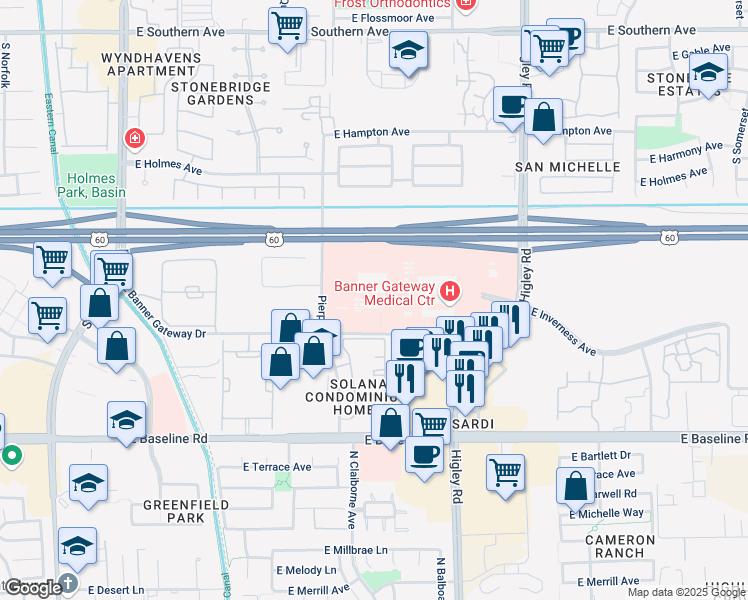 map of restaurants, bars, coffee shops, grocery stores, and more near 2940 East Banner Gateway Drive in Gilbert