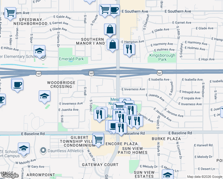map of restaurants, bars, coffee shops, grocery stores, and more near 1956 East Intrepid Avenue in Mesa