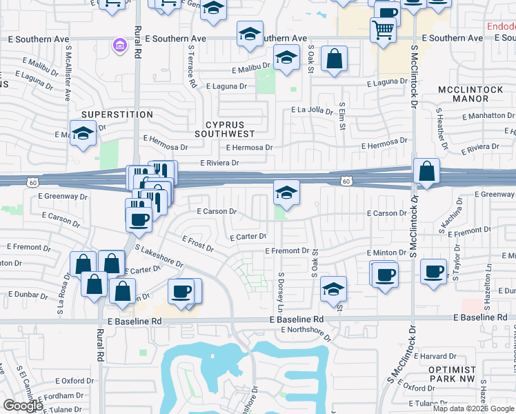 map of restaurants, bars, coffee shops, grocery stores, and more near 4430 South Stanley Place in Tempe