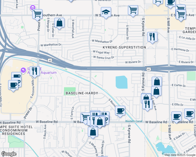 map of restaurants, bars, coffee shops, grocery stores, and more near 4505 South Hardy Drive in Tempe