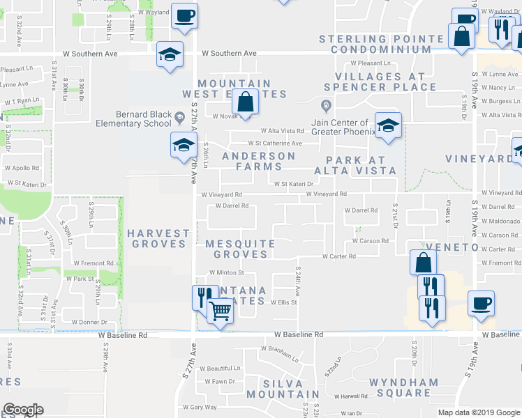 map of restaurants, bars, coffee shops, grocery stores, and more near 2517 West Darrel Road in Phoenix
