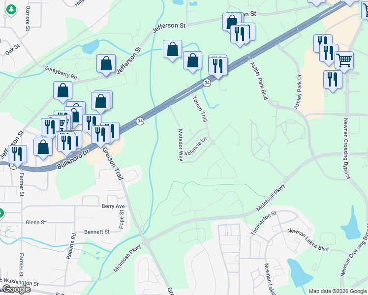 map of restaurants, bars, coffee shops, grocery stores, and more near 22 Matador Way in Newnan