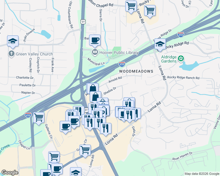 map of restaurants, bars, coffee shops, grocery stores, and more near 2019-2021 Shebia Dr in Hoover