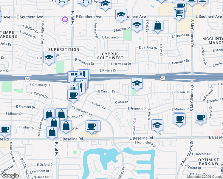 map of restaurants, bars, coffee shops, grocery stores, and more near 4427 South Terrace Road in Tempe