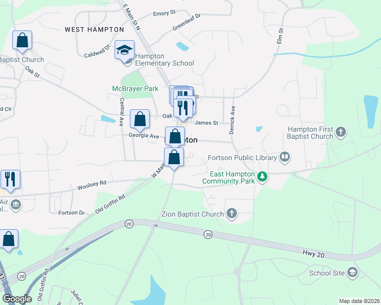 map of restaurants, bars, coffee shops, grocery stores, and more near 27 East Main Street North in Hampton