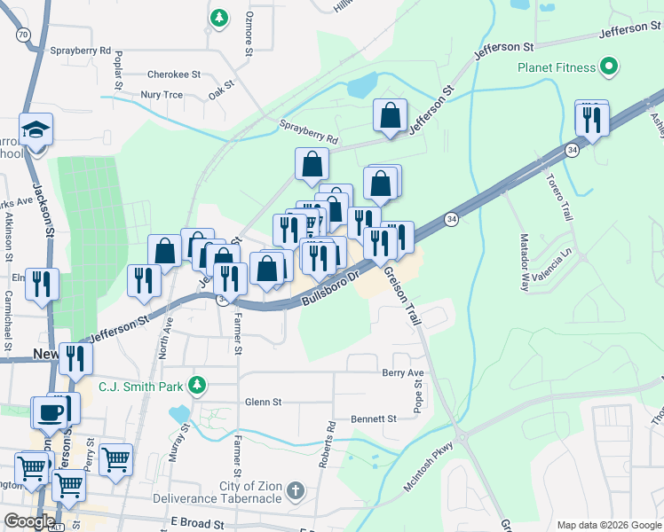map of restaurants, bars, coffee shops, grocery stores, and more near 62 Bullsboro Drive in Newnan