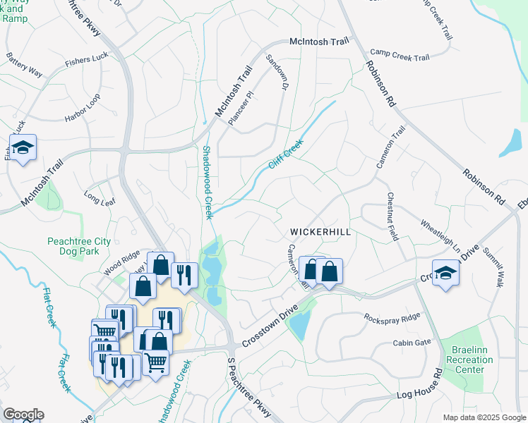 map of restaurants, bars, coffee shops, grocery stores, and more near 112 Pheasant Ridge in Peachtree City