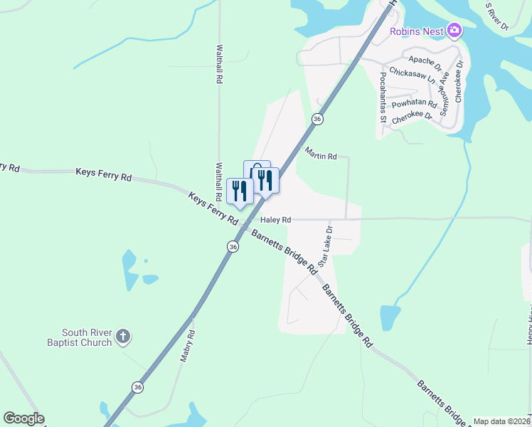 map of restaurants, bars, coffee shops, grocery stores, and more near 2390 Georgia 36 in Jackson