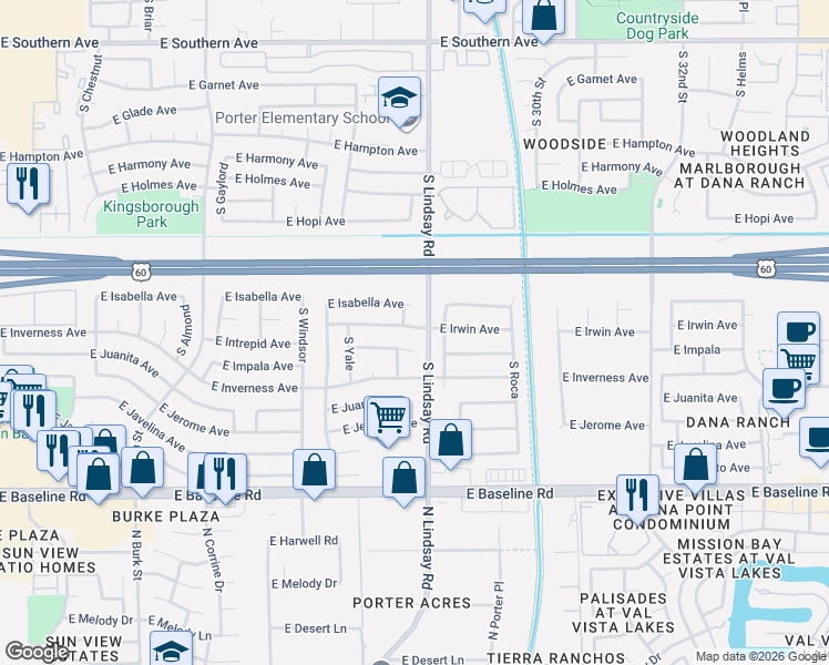 map of restaurants, bars, coffee shops, grocery stores, and more near 2738 East Impala Avenue in Mesa
