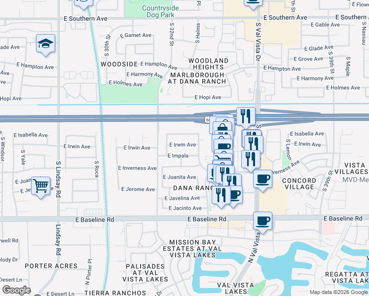 map of restaurants, bars, coffee shops, grocery stores, and more near 3260 East Impala in Mesa