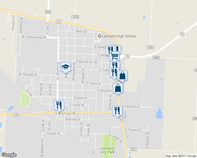 map of restaurants, bars, coffee shops, grocery stores, and more near 405 Willard-Hall Street in Leonard