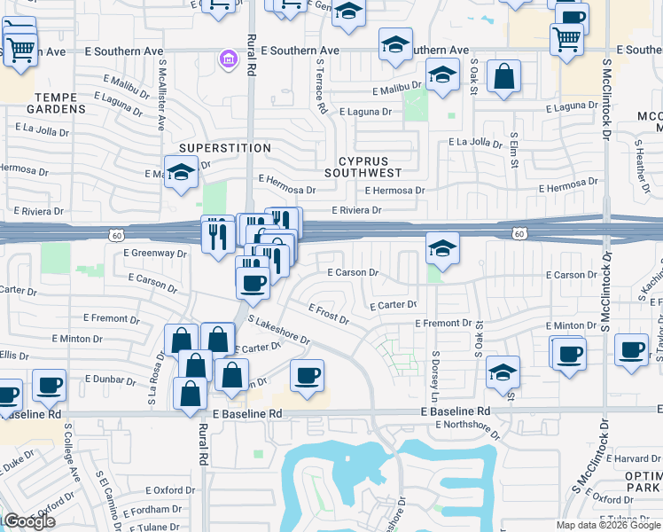 map of restaurants, bars, coffee shops, grocery stores, and more near 1066 East Carson Drive in Tempe